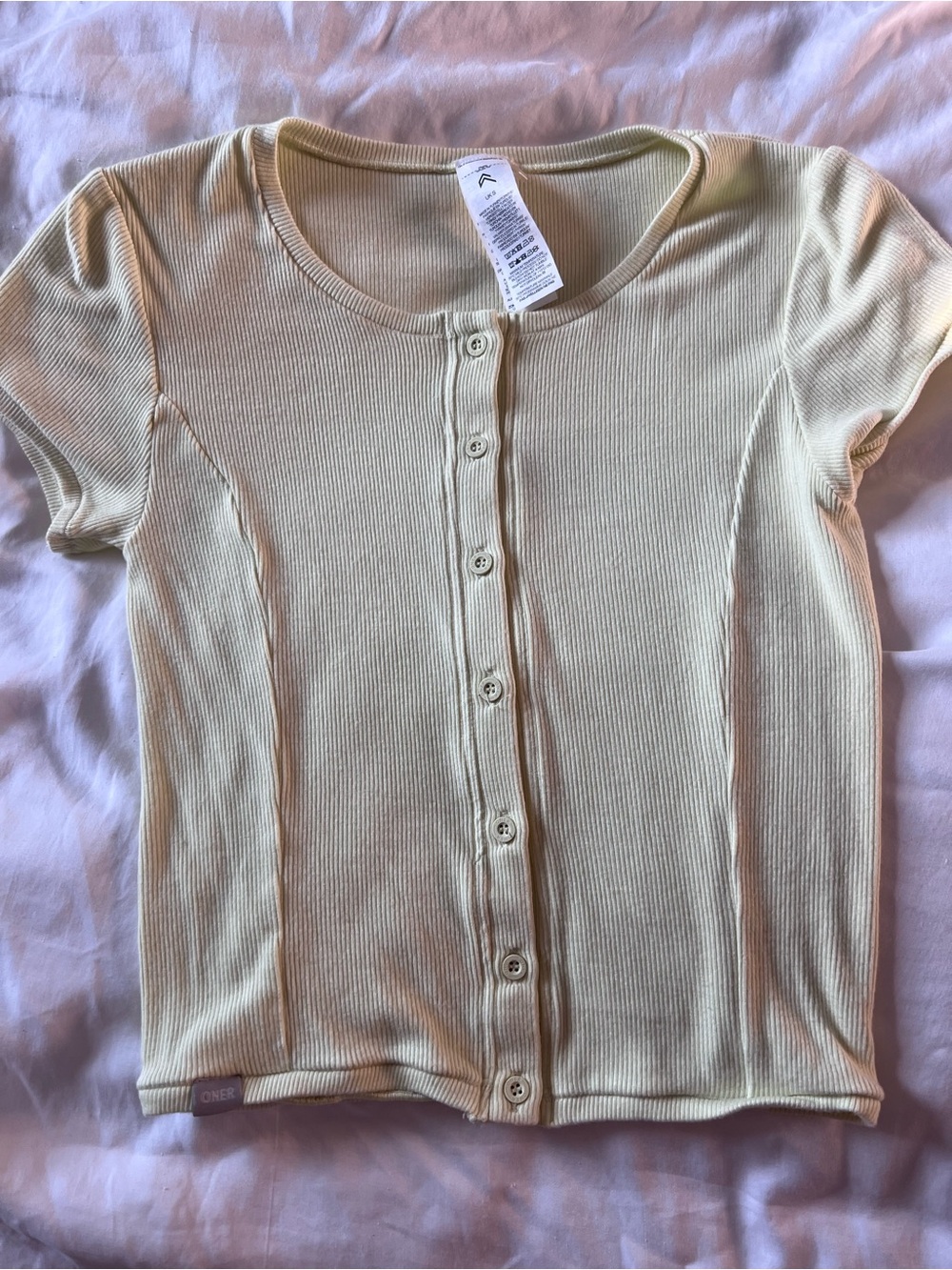 Oner Active Pale Yellow Ribbed Button-Front Short Sleeve Top
